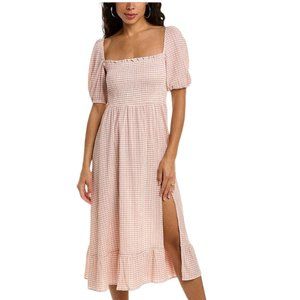 o.p.t. Daisy Midi Puff Sleeve Midi Dress, Pink/Beige Plaid, Size M